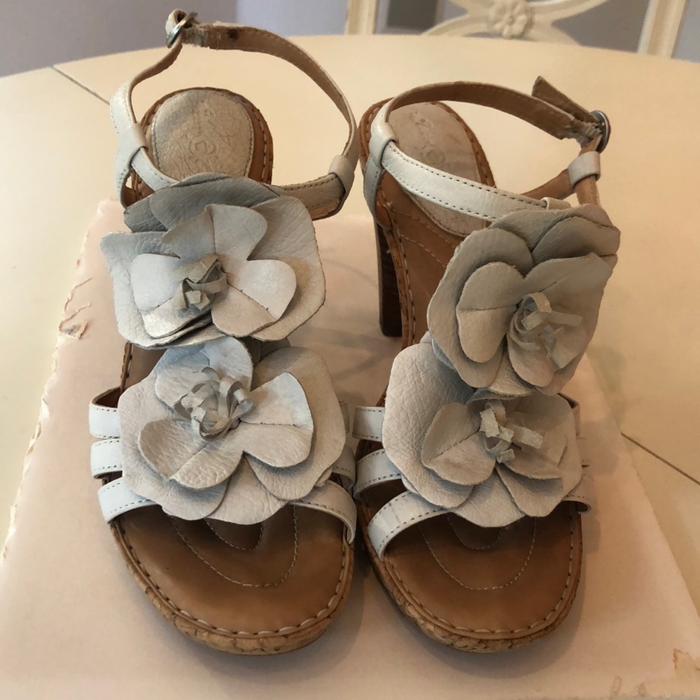 White leather flower heels